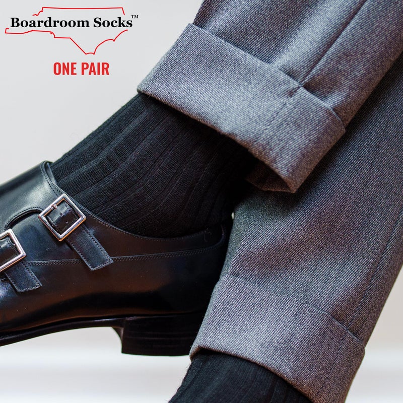 BoardroomSocks Merino Wool Mid-Calf Dress Socks for Men, Ribbed Dress Socks, Black - Image 3